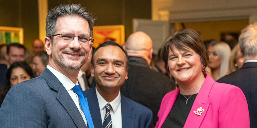 L-R Steve Baker, Minister of State Northern Ireland; Neil Lal, President, Indian Council of Scotland, Baroness Foster